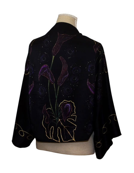 Black Stars Silk Bolero Scarf Inspired By Elle Black Purple Gold Flowers Luxury Silk Scarf Elle Smith 