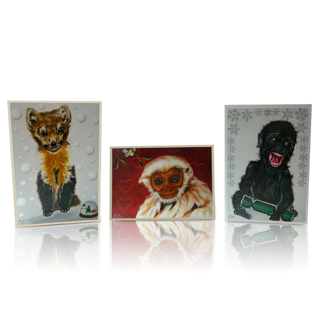 Set of Luxury Greeting Cards Christmas Card Set featuring Endangered Animal Art inspired by Elle Smith Western Lowland Gorilla Newfoundland Pine Marten Pileated Gibbon